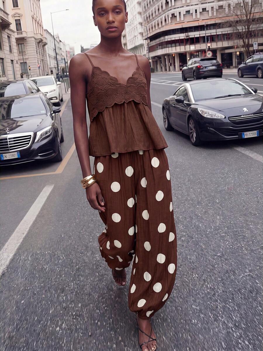 Maija Women's Polka Dot Casual Versatile Daily Lantern Long Pants - Brown - View 1