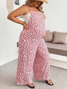 Plussiva Plus Size Maternity Floral Print Spaghetti Strap Loose Jumpsuit - Dusty Pink - View 4