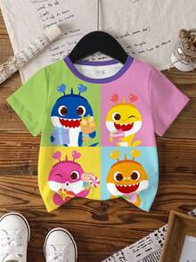 BABY SHARK X SHEIN Young Girl Cartoon Print Round Neck Short Sleeve Casual Versatile T-Shirt - White - View 1