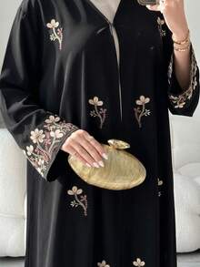 Al Najma Plus Size Women's Floral Embroidered Cuff Loose Fit Abaya Wedding Summer Modest Asian Chinese - Black - View 9