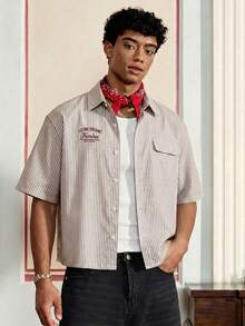 ESTAVOR Camisa casual de hombre con estampado de rayas, verano - Caqui - Ver 2