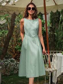Dayvera Women's Summer Casual Striped Sleeveless Dress,Elegant Casual Dress,Green And White Striped/White Striped Medium-Length Dress Vacation - Gray green - View 8