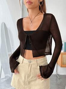 SHEIN EZwear 女款春夏休閒純色前綁帶開襟衫 - 咖啡棕 - 查看 4