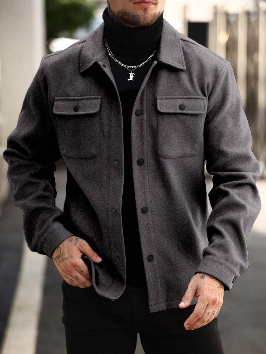 Manfinity Homme Men's Solid Color Long Sleeve Utility Pocket Single-Breasted Casual Overcoat - Dark Grey - View 1