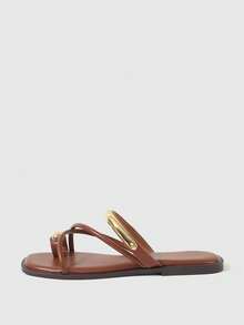 Sleekvia Ladies Comfortable Flat Wear-Resistant Versatile  Metal Outdoor Flip-Flops Slippers Summer - Brown 01 - View 5