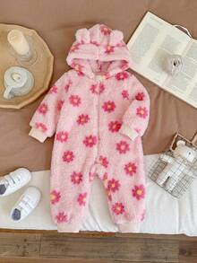 SHEIN LMoss Kids 新生女嬰可愛秋冬款毛茸茸花卉圖案長袖連帽連身衣 - 彩色 - 查看 5