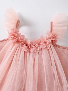 Glamorique Kids 粉紅色女嬰公主洋裝，波浪袖設計搭配3D花朵，柔軟薄紗高級女嬰正式禮服，適合嬰兒生日派對、週歲宴、家庭聚會、婚禮、高端親子活動、日常出遊拍照、夏季洋裝、畢業舞會禮服 - 粉色 - 查看 5