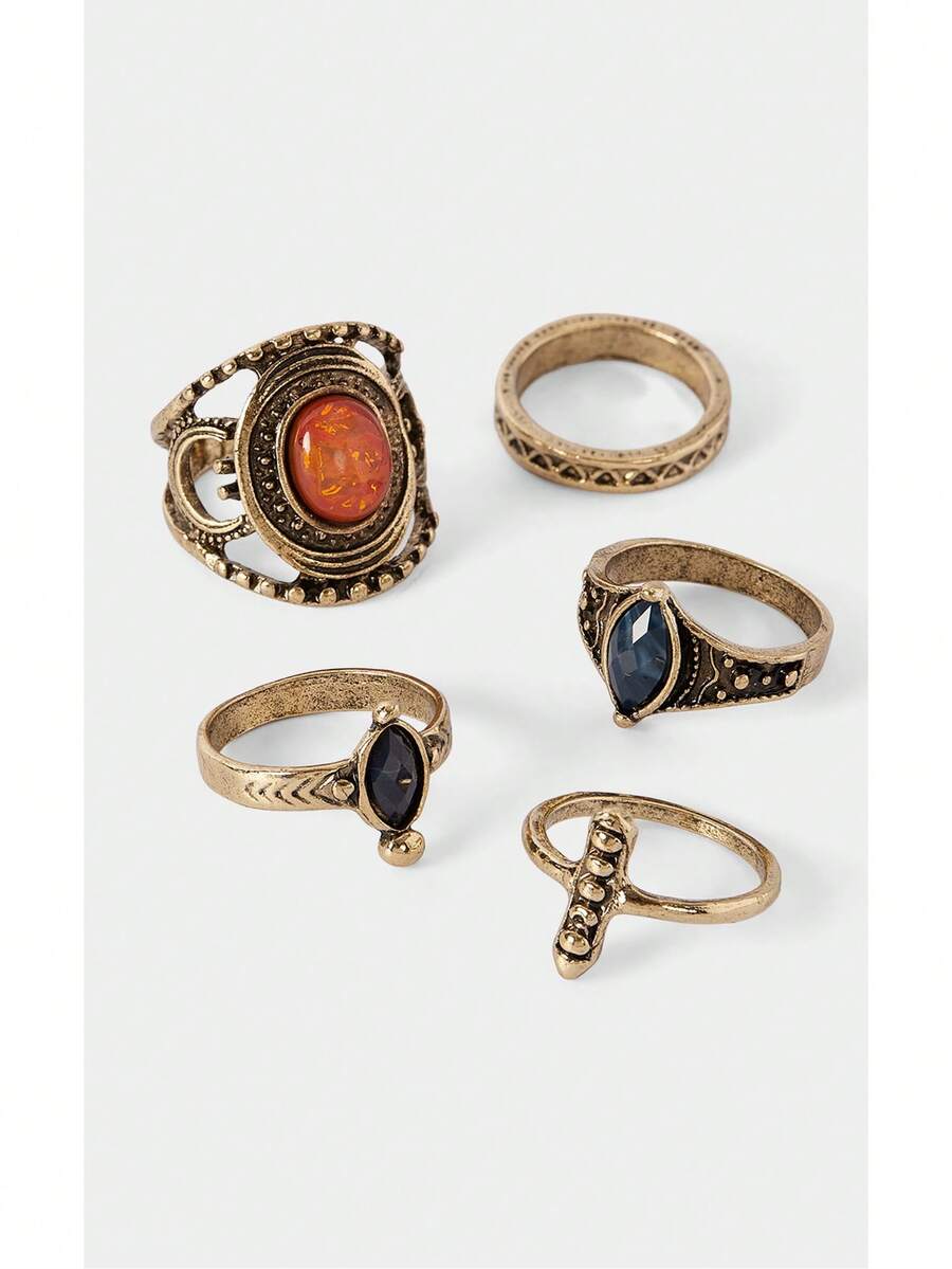 Noxbound Kombinasi Cincin Logam Antik Retro, Set Tumpuk Multi-Gaya, Aksesori Suasana Retro - MultiWarna - View 1