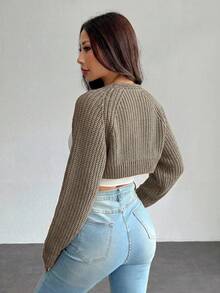 SHEIN PETITE 女款休閒百搭純色短版開襟羊毛衫 - 駝色 - 查看 2