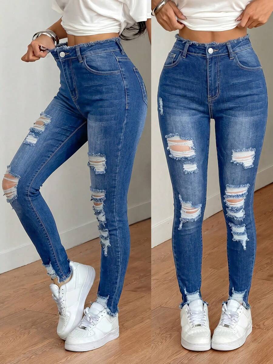 SHEIN Tall 女款高腰磨損毛邊修身藍色牛仔褲，春夏休閒度假街頭風女裝長褲七分褲 - 深色水洗藍 - 查看 1