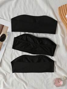 SHEIN Kids Tween Girl Casual Puberty Girls Base Layer Innerwear, Black White Gray Fashion Simple Comfortable Strapless Ribbed Tube Top 3pcs Set - Black - View 2