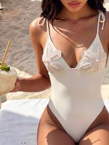 Bonvoyette Bandeau + 3D Floral Beading: The 3D Floral And Pearl/Rhinestone Beading On The Chest Is Its Signature Design, Bringing A Sense Of Sophistication And Vintage Atmosphere, Perfect For Photos. One-Piece Cut + Side Tie: The One-Piece Silhouette Can Effectively Flatter The Waist And Abdominal Lines, Suitable For Beach Vacations, Hot Springs, And Pool Photos. - Beige - View 3