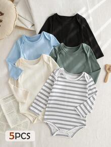 SHEIN Playful Pals 5件組嬰兒新生兒休閒純色百搭長袖連身衣，適合四季穿著 - 彩色 - 查看 9