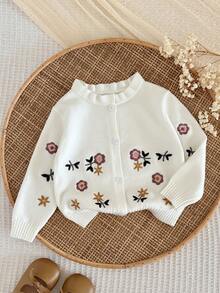 LMoss Kids 女嬰針織刺繡立領荷葉邊休閒開襟衫 - 白色 - 查看 3