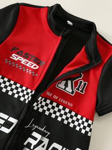 SHEIN 小男孩休閒運動拼接撞色立領短袖賽車服 機車服 F1賽車手連身衣 字母圖案針織柔軟小立領短袖連身短褲 適合外出、度假、旅行，春夏季穿著 - 彩色 - 查看 6