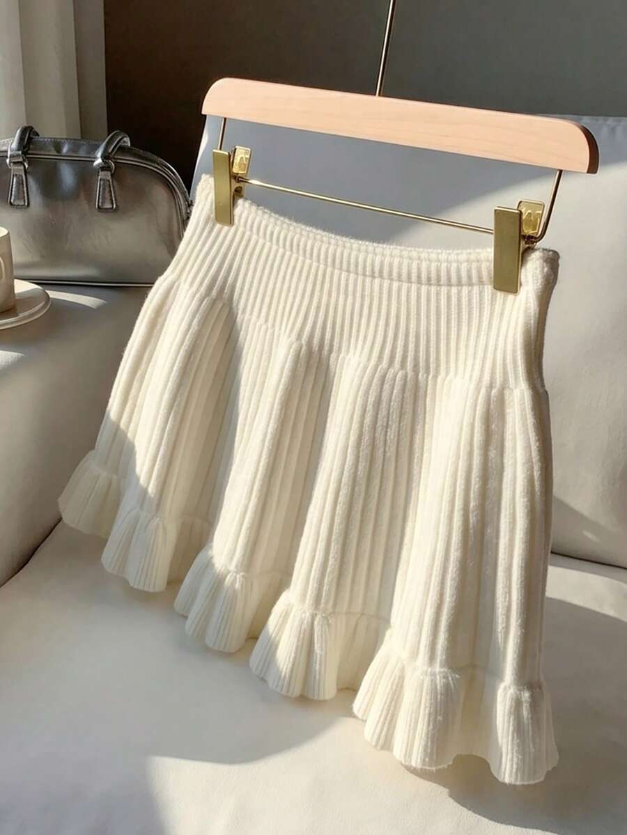 SHEIN Franclia Casual High-Waist Solid Color Ribbed Knit Ruffle Hem Beige Women's Spring/Summer Sweater Skirt