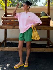 Veykashi 女款休閒度假風粉色夏季字母與龍蝦印花圓領短袖T恤搭配綠色短褲2件套，百搭時尚，適合春夏，大尺碼 - 粉色 - 查看 6