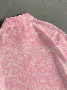 Manfinity ZONE917 Kemeja Lengan Pendek Kasual Model Boxy Crop dengan Motif Mawar Merah Muda, Cocok untuk Musim Panas, Hadiah untuk Pacar - Berwarna merah muda - View 2