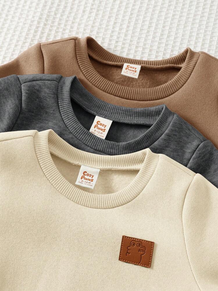 Cozy Pixies Baby Boy 6pcs Set: Decorative Woven Label Knit Soft Crew Neck Pullover Sweatshirt & Elastic Waist Long Pants - Multicolor - View 3