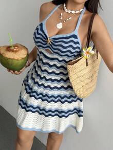 Sunnyshic Plus Size Women's Sunny Summer Romantic Blue Gradient Striped Starfish Metal Buckle Decor Sexy Playful Cute Beach Romantic Elegant Off-Shoulder Strapless Knit Dress, Suitable For Spring/Summer Beach Vacation Outfits - Blue and White - View 5