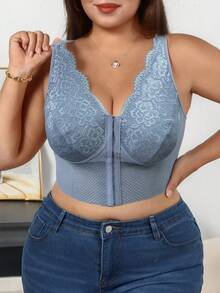 SHEIN 性感貼身蕾絲飾邊上衣，附睫毛蕾絲 - 藍色 - 查看 5