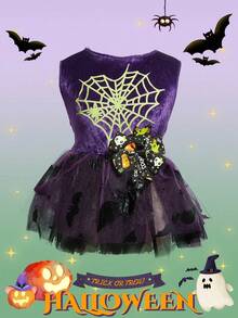 PETSIN 1pc Pet Halloween Purple Velvet Splice Metallic Mesh Spider Print Witch Costume Dress For Cats & Dogs - Multicolor - View 4