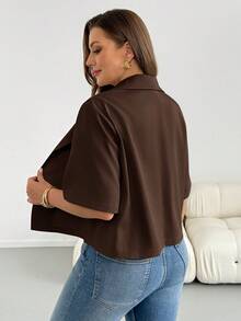 SHEIN Essnce 大尺碼夏季休閒百搭通勤西裝外套 - 棕色 - 查看 3