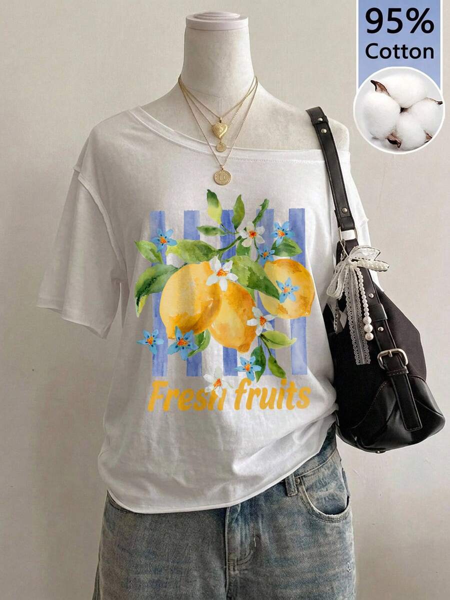 SHEIN EZwear 女款 95% 棉檸檬印花露肩寬鬆 T-shirt,適合海灘/度假、法式風、約會/派對/婚禮 - 白色 - 查看 1