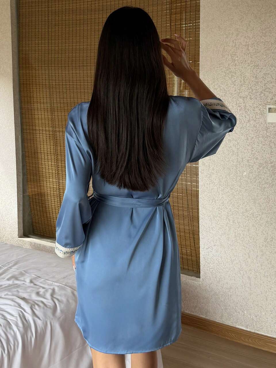 Summer & Autumn Vacation Woven Tape Patchwork Glossy Satin Women's Robe Pajamas