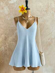 INAWLY Casual Solid Color Backless Camisole Mini Dress - Baby Blue - View 2