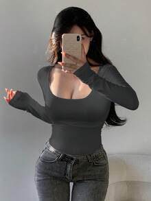DAZY 女士纯色修身圆领长袖 T 恤，百搭秋季女装 - 灰色 - 查看 4