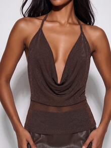 Normani Kaos Wanita Polos dengan Kerah Berlipat, Modis, Serbaguna untuk Pemakaian Sehari-hari - Coklat - View 6