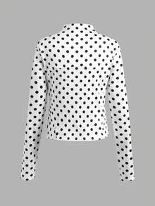 SHEIN 青少年女孩四季通用春夏秋冬運動防曬外套，復古波點印花拉鍊開襟衫，修身跑步健身瑜伽運動外套 - 黑與白 - 查看 2
