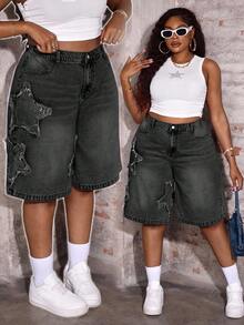 Slaydiva Pantalones cortos vaqueros sueltos y casuales de talla grande con estampado de estrellas, azul - Negro - Ver 6