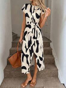 SHEIN LUNE 女士休闲优雅扭结腰部高开衩无袖中长连衣裙，女士休闲修身连衣裙，女士生日装，女士健身套装，女士婚礼宾客礼服，女士职业装 - 彩色 - 查看 6