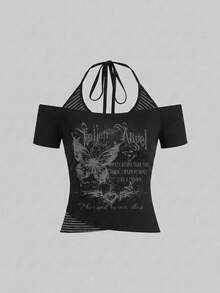 Attitoon Casual Minimalist Street Style Butterfly Pattern Contrast Color Black Striped Women's 2 In 1 T-Shirt Suitable For Spring/Summer Y2K - Multicolor - View 2