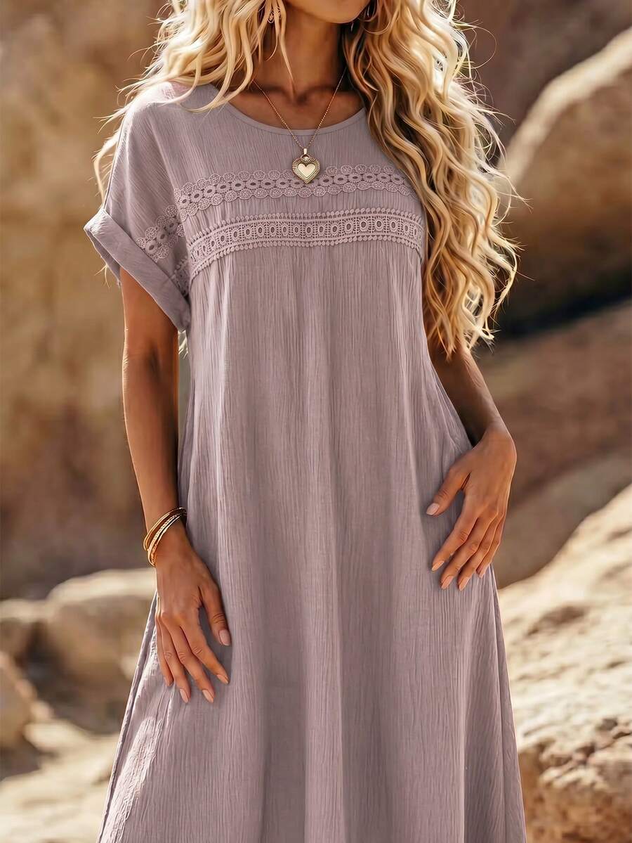 EMERY ROSE Vestido sin mangas de talla grande para mujer con unicolor y encaje calado - Rosa - Ver 1