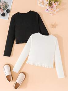 Tween Girl Solid Color Long Sleeve Frill Trim Casual Jacket - White - View 2