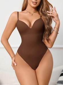 SHEIN 女款純色細肩帶背心塑身衣，1件裝 - 咖啡棕 - 查看 7