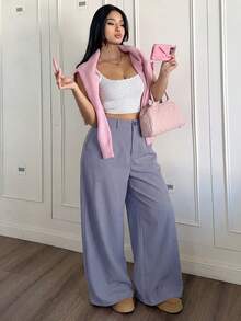 SHEIN PETITE CURVE 大尺碼女款純色鈕扣休閒百搭寬腿褲，適合日常穿著 - 淡紫色 - 查看 7