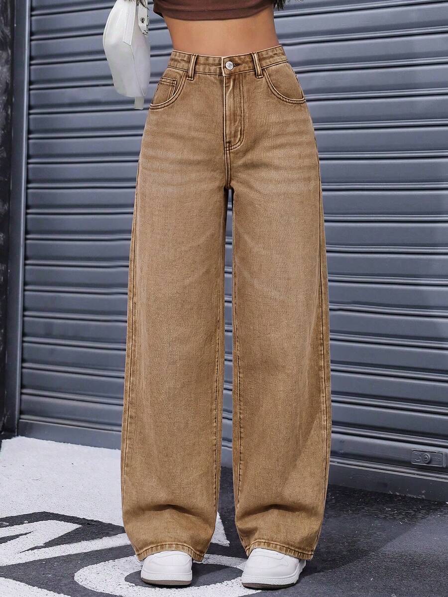 SHEIN ICON 女士口袋宽松阔腿休闲百搭牛仔裤 - 棕色 - 查看 1