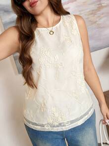 Levarali Plus Size Women's Embroidered Design Back Single-Breasted Sleeveless Blouse Brunch Formal Birthday White Summer Casual Kawaii Western - Blue and White - View 5