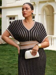 VOLUPTÉ CURVE Plus Size Women's Spring/Summer Black 2-Piece Set V-Neck Striped Knit Short Sleeve Top & Maxi Skirt, Elegant Casual Business Vacation Outfit - White - View 4