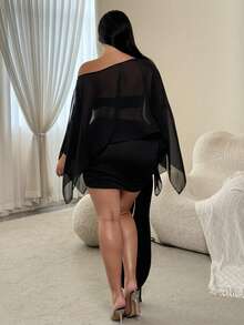 NU&NOW Plus-Size Women's Chiffon Top Knit Ribbon Skirt Sexy Elegant Two Pieces Set - Black - View 6