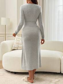 Slowluna Maternity Solid Color Overlap V-Neck Long Sleeve Waist Tie Nursing Dress Fall - Grey - View 10