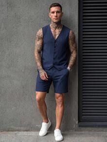 Manfinity CasualCool 男士背心套裝，直條紋紋理，夏季薄款純色休閒背心與短褲套裝 - 藏蓝色 - 查看 6