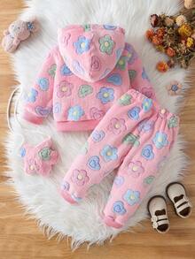 SHEIN Vintaside Kids 嬰兒毛絨套裝，加厚珊瑚絨服裝附包包，可愛花卉連帽套裝，適合秋冬家庭搭配里程碑，粉色可愛端莊 - 粉色 - 查看 6