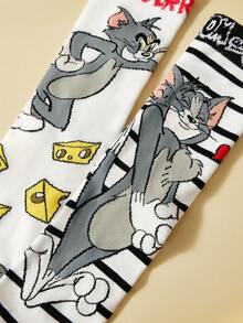 TOM & JERRY X SHEIN 2雙貓咪與老鼠圖案筒襪 - 彩色 - 查看 3