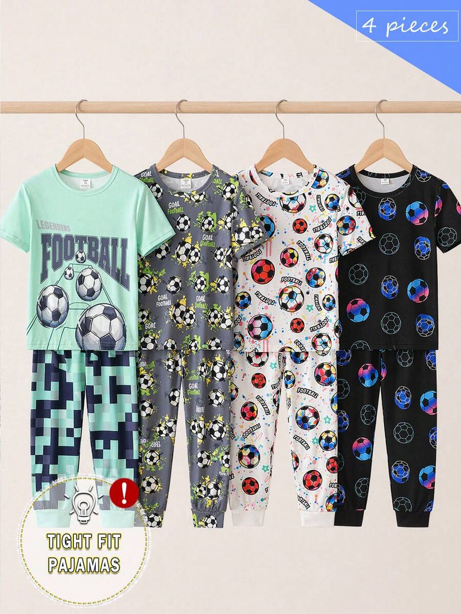 4pcs/Set Football Minimalist Boys' Loungewear, Pullover Short Sleeve Top And Long Pants Black Color Multi-Piece Set, Fitted Home Wear - Multicolor - View 1