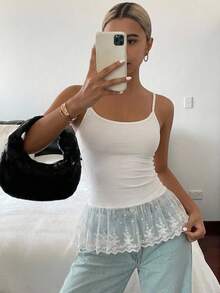 DAZY Summer Women Contrast Lace Slim-Fit Spaghetti Strap Casual Tank Tops For Vacation,Ruffle - White - View 9